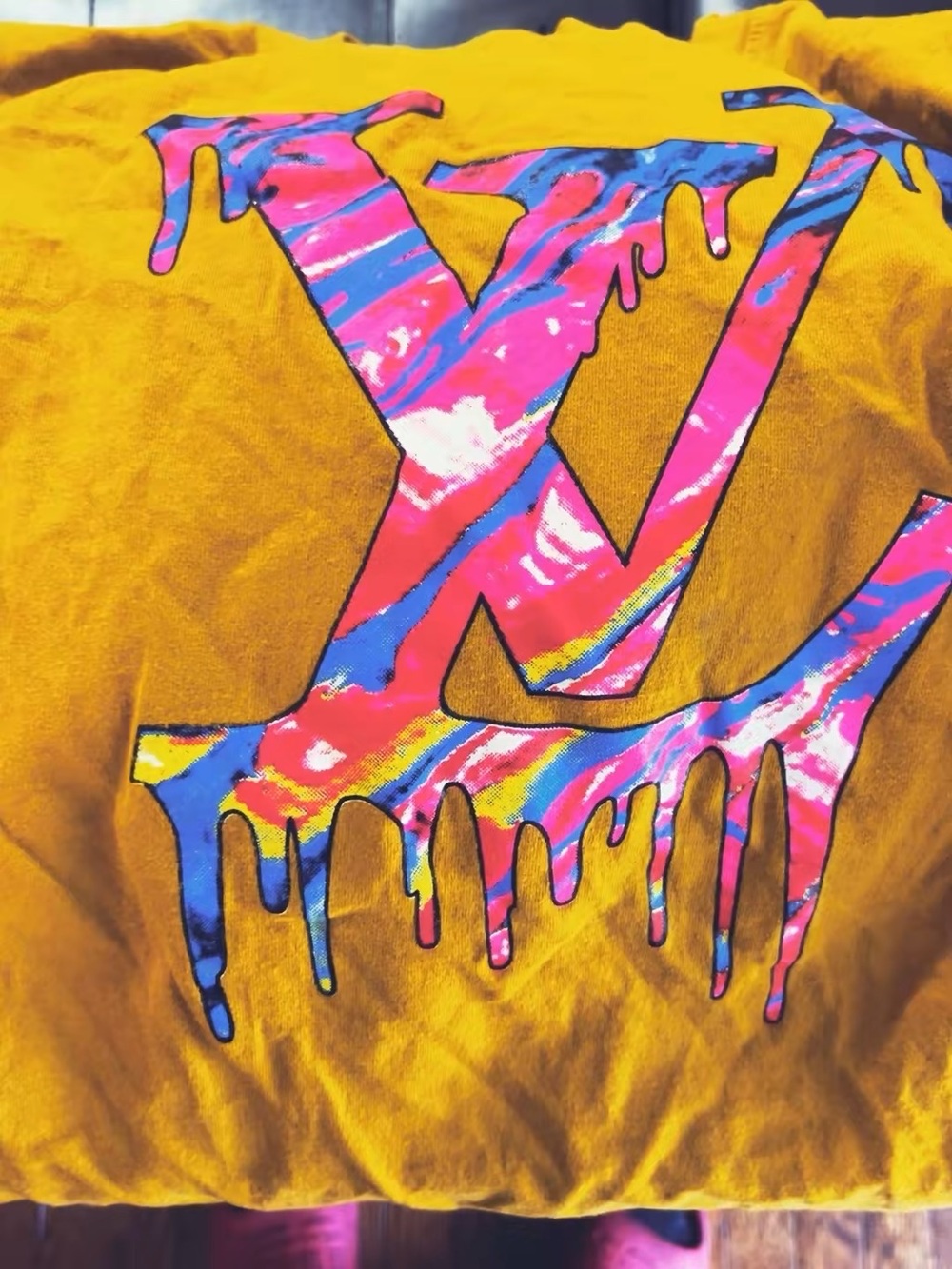 Louis Vuitton Mustard Yellow Short Sleeve Tee with Multicolor Drip LV Logo